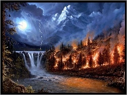 Góry, Burza, Wodospad, Noc, Pożar